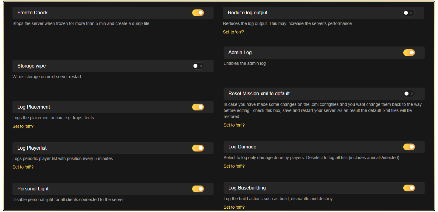 Nitrado logging settings used for Legion Killfeed